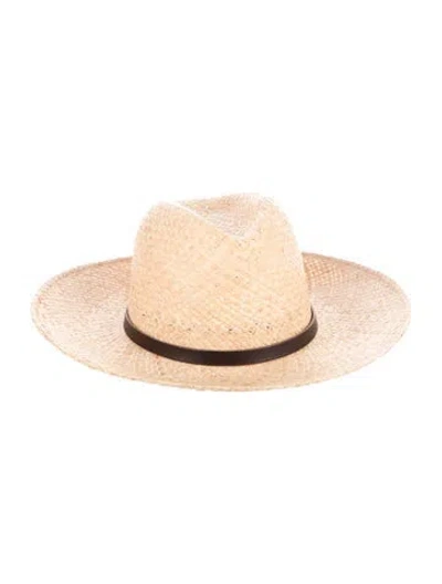 Pre-owned Janessa Leone Straw Wide Brim Fedora W Leather Trim In Neutral