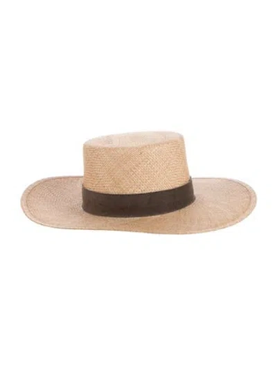 Pre-owned Janessa Leone Straw Wide Brim Top Hat In Neutrals