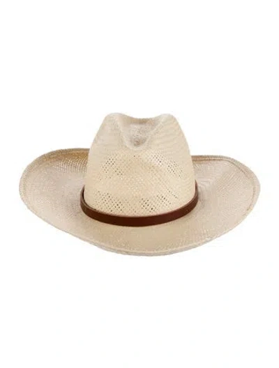 Pre-owned Janessa Leone Straw Woven Leather Trim Fedora Hat In Neutral
