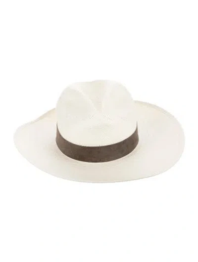 Pre-owned Janessa Leone White Fedora Hat With Brown Sash Tie