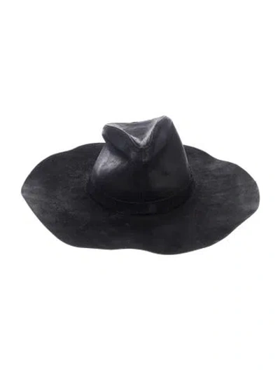 Pre-owned Janessa Leone Wide Brim Leather Panama Hat In Black