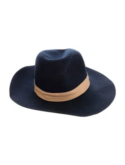 Pre-owned Janessa Leone Wide Brim Leather Trim Fedora Hat In Blue/brown