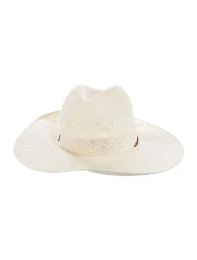 Pre-owned Janessa Leone Wide Brim Straw Fedora Hat In Neutrals