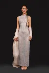 Janet Medina Nyc Women's Silver / Pink / Purple Embroidered Rose Quartz Crochet Maxi Dress In Silver/pink/purple