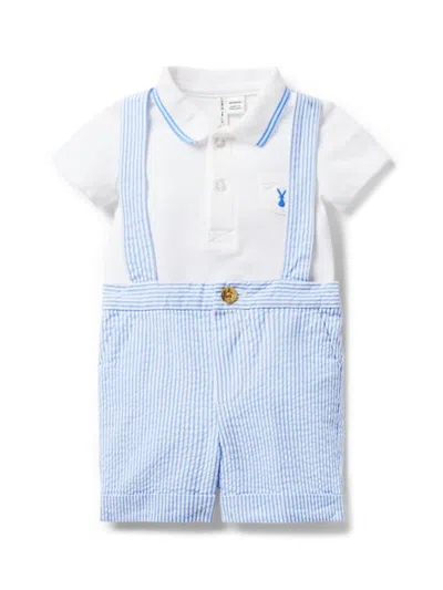 Janie And Jack Baby Boy's Bunny Polo Bodysuit & Seersucker Suspender Shorts Set In White Blue