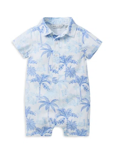 Janie And Jack Baby Boy's Palm Toile Linen-cotton Polo Romper In Blue