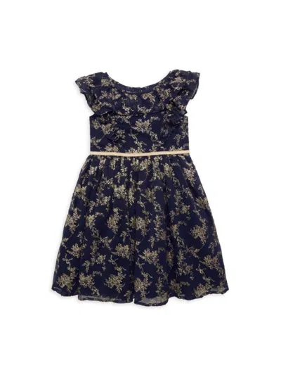 Janie And Jack Kids' Baby, Little Girl's & Girl's Metallic Floral Ruffle Dress In Blue