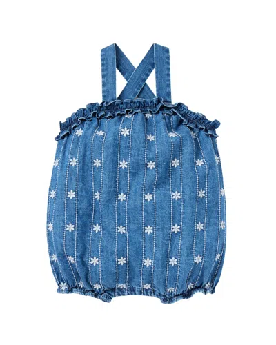 Janie And Jack Kids' Chambray Embroidered Floral Romper In Blue