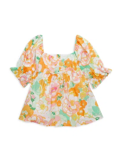 Janie And Jack Kids' Girl's Floral Shirred Top In Yellow