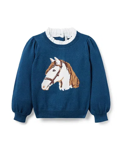 Janie And Jack Girls' Horse Ruffle Collar Sweater - Baby, Little Kid, Big Kid In Blue