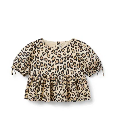 Janie And Jack Girls' Leopard Puff Sleeve Peplum Top - Baby, Little Kid, Big Kid In Brown