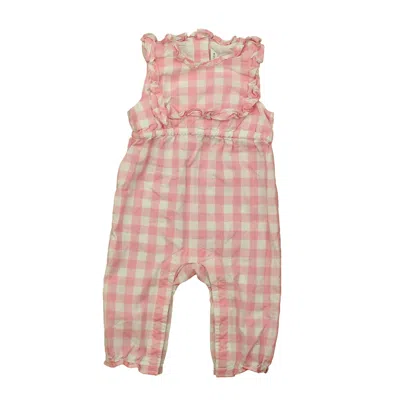 Pre-owned Janie And Jack Kids' Girls Pink White Check Romper In Green