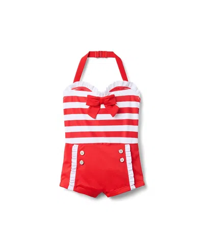 Janie And Jack Girls' Retro Stripe Swim - Little Kid, Big Kid In Red