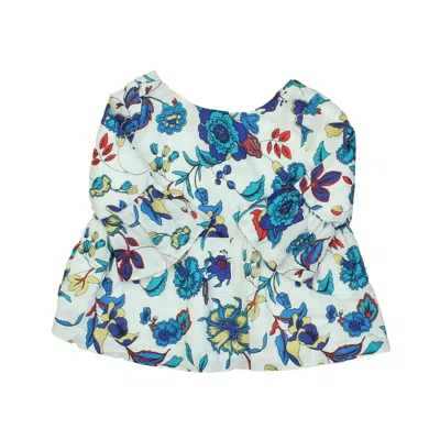 Pre-owned Janie And Jack Kids' Girls White Blue Floral Blouse Size: 12 -18 Months