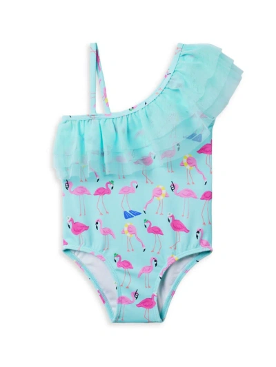 Janie And Jack Kids' Little Girl's & Girl's Flamingo Ruffle-trim One-shoulder Swimsuit In Blue