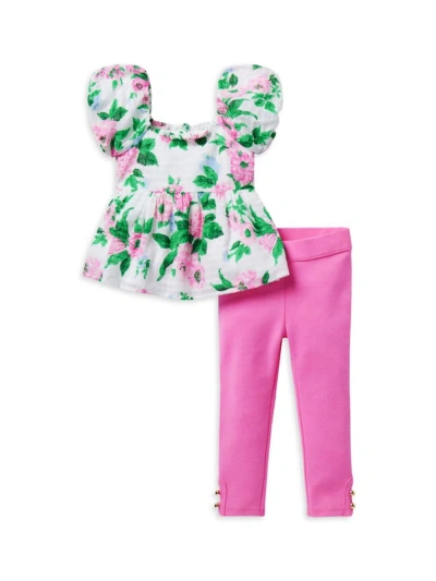 Janie And Jack Kids' Little Girl's & Girl's Floral Puff-sleeve Top & Knit Trousers Set In Multi Pink