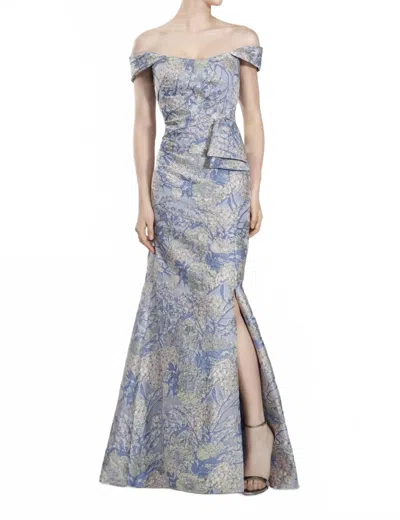Janique Bow Ornate Floral Evening Gown In Blue In Multi