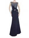 Janique Embroidered Bow Mermaid Gown In Navy