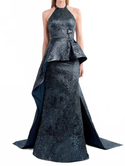 Janique Halter Peplum Gown In Midnight In Multi