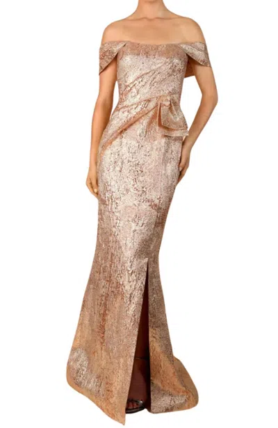 Janique Off-shoulder Slit Gown In Champagne Gold In Multi