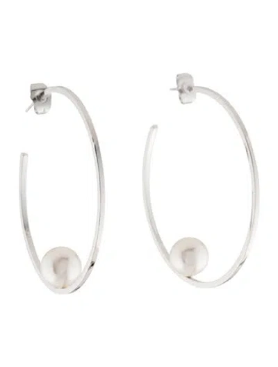 Pre-owned Janis Savitt Faux Pearl Hoop Earrings In White