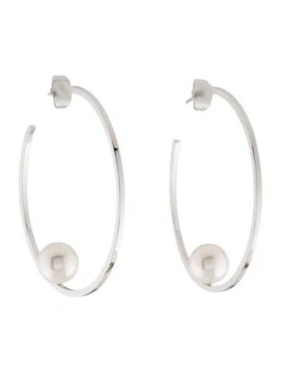 Pre-owned Janis Savitt Faux Pearl Hoop Earrings In White