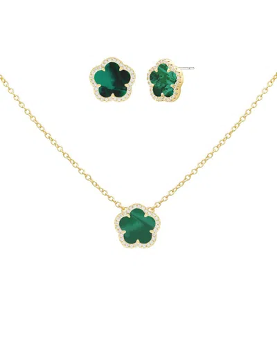 Jankuo 14k Plated Cz Flower Earrings & Necklace Set In Green