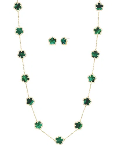 Jankuo 14k Plated Cz Flower Earrings & Necklace Set In Green