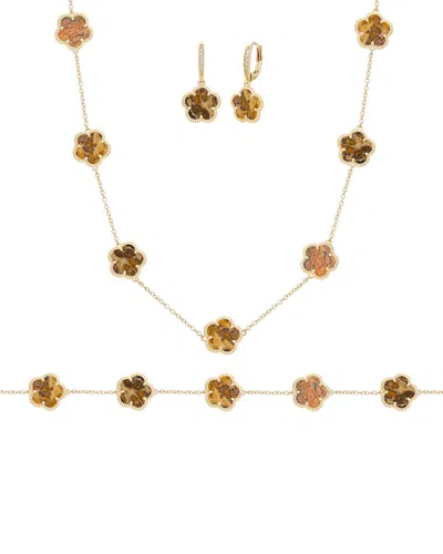 Jankuo 14k Plated Jasper Cz Flower Bracelet, Earrings & Necklace Set