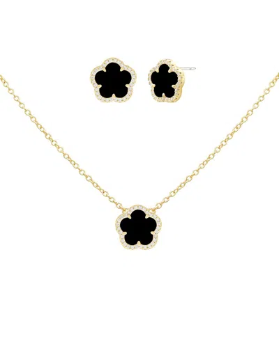 Jankuo 14k Plated Onyx Cz Flower Earrings & Necklace Set In Black
