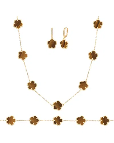 Jankuo 14k Plated Tiger Eye Cz Bracelet, Earrings, & Necklace Set