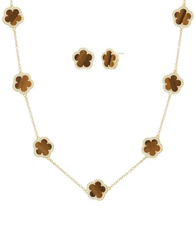 Jankuo 14k Plated Tiger Eye Cz Flower Earrings & Necklace Set In Gold