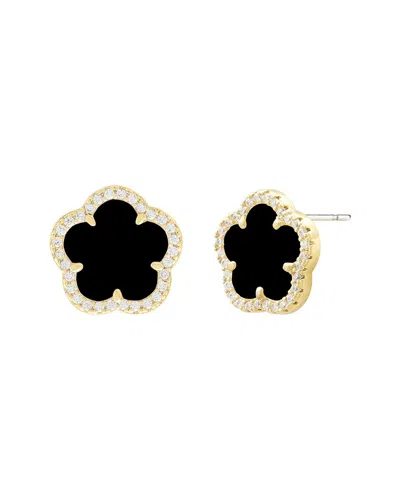 JANKUO JANKUO FLOWER 14K PLATED ONYX CZ STUD EARRINGS