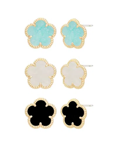 Jankuo Flower 14k Plated Agate And Onyx 3 Earrings Set Earrings In Gold
