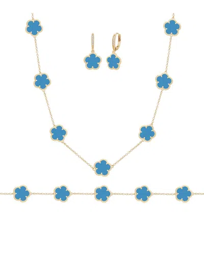 Jankuo Flower 14k Plated Agate Cz 3 Pieces Set Bracelet In Blue