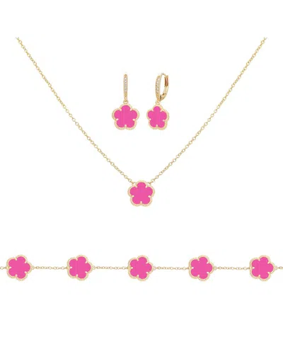 Jankuo Flower 14k Plated Cz 3pc Bracelet, Earrings, & Necklace In White