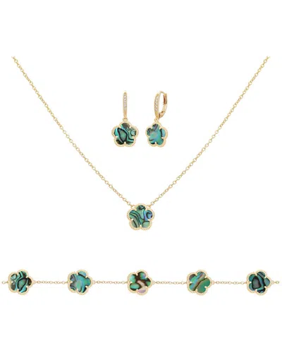 Jankuo Flower 14k Plated Cz Earrings, Bracelet & Necklace Set In Gold