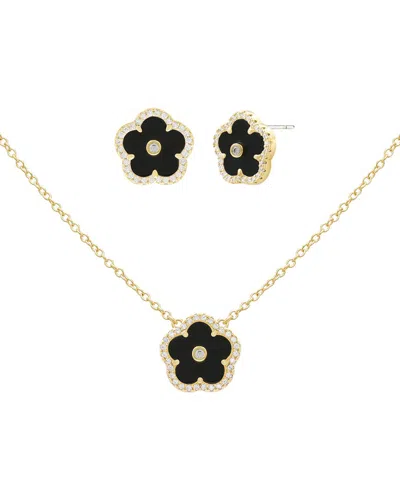 Jankuo Flower 14k Plated Lab-grown Onyx Cz Earrings & Necklace Set In Gold
