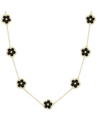 Jankuo Flower 14k Plated Lab-grown Onyx Cz Station Necklace In Gold
