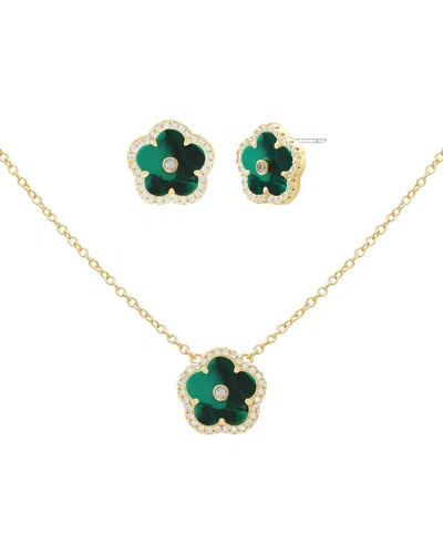 Jankuo Flower 14k Plated Lab-grown Synthetic Emerald Cz Earrings & Necklace Set In Gold