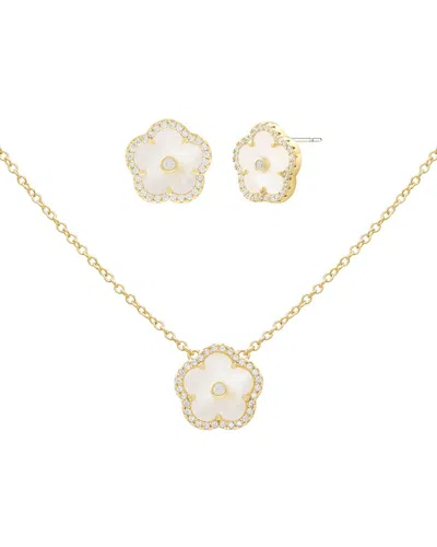 Jankuo Flower 14k Plated Lab-grown Mother-of-pearl Cz Earrings & Necklace Set In Gold