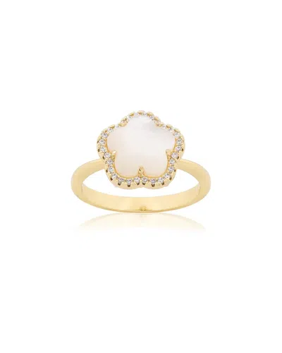 JANKUO JANKUO FLOWER 14K PLATED MOTHER OF PEARL CZ STATEMENT RING