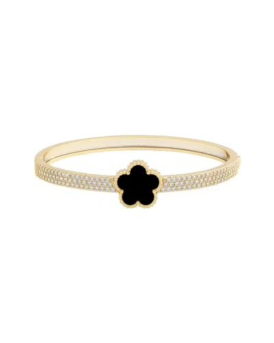 Jankuo Flower 14k Plated Onyx Cz Bangle Bracelet In Gold