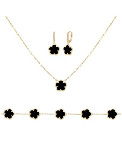 Jankuo Flower 14k Plated Onyx Cz Bracelet In Gold