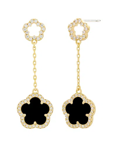 Jankuo Flower 14k Plated Onyx Cz Long Drop- Post Earrings In Gold