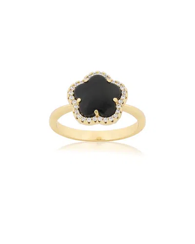 Jankuo Flower 14k Plated Onyx Cz Statement Ring In Black
