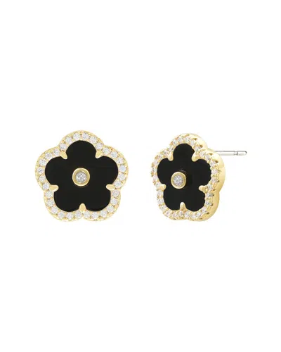 Jankuo Flower 14k Plated Onyx Cz Stud Earrings In Gold