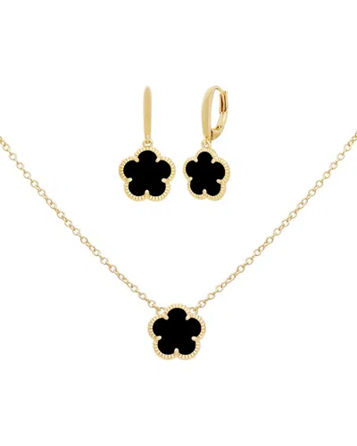 JANKUO JANKUO FLOWER 14K PLATED ONYX EARRINGS & NECKLACE SET