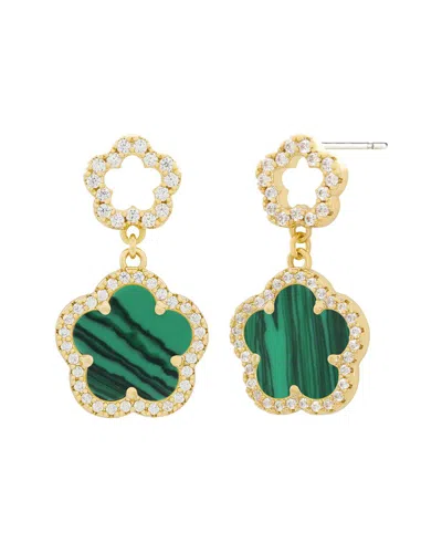 Jankuo Flower 14k Plated Synthetic Emerald Cz Drop- Post Earrings In Green
