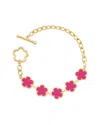 Jankuo Flower 14k Plated Synthetic Fuchsia Color Stone T-bar Bracelet In Gold